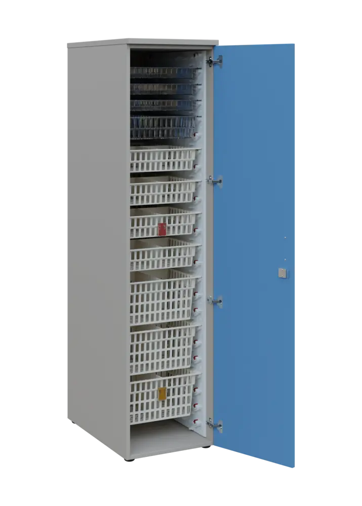 EUROMEDICA D - 46 skříň léková boxová, 1-dveřová, pravá, 1950x460x735, korpus šedý, dvířka pastelově modrá